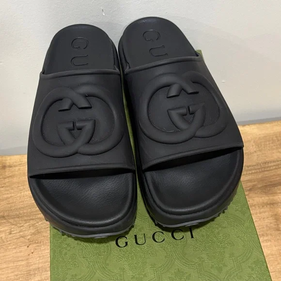 Gucci Black Embossed Double G Slide Sandals SZ 40 (9) - Picture 11 of 11